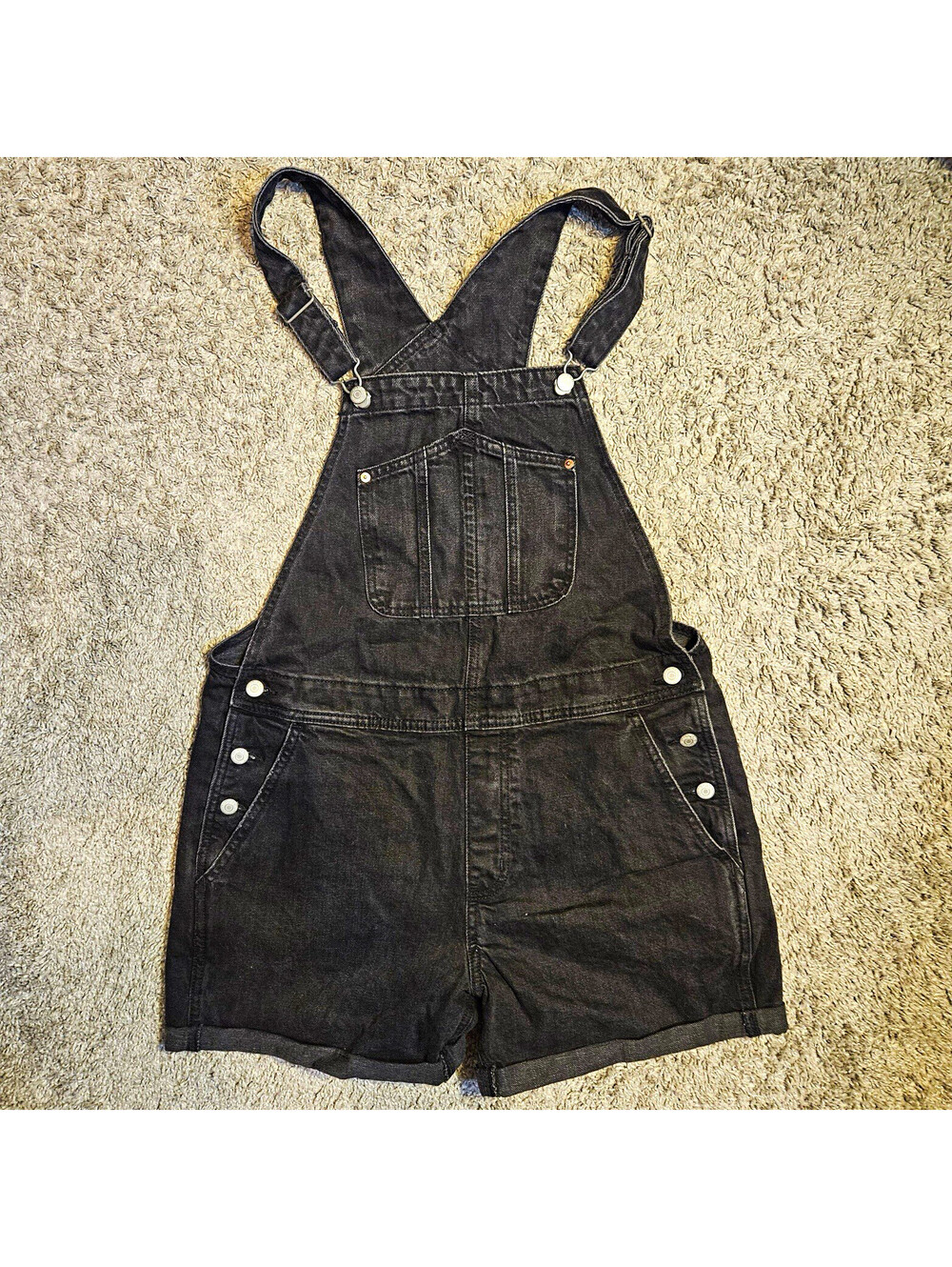 Old Navy Women’s Black Denim Overall One-Piece Shortalls Size L Pockets